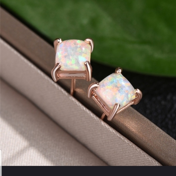 Jewelry - Absolutely Stunning White Fire Opal Princess Cut Earrings in ROSE GOLD